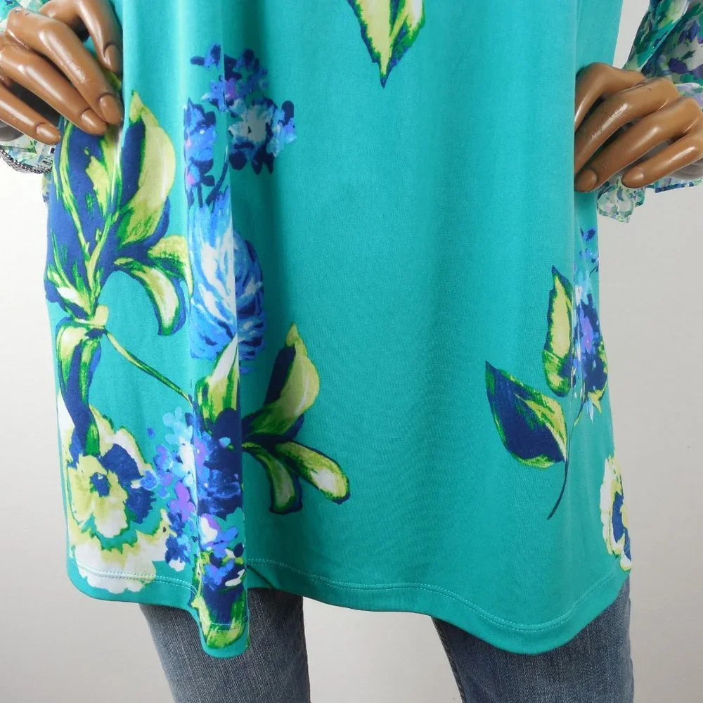 SUSAN GRAVER Top 1X Floral Blouse Stretch Green/Blue Print Chiffon Flared Sleeve - Picture 4 of 13
